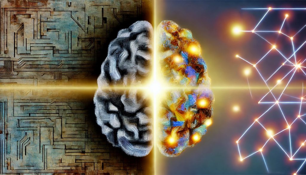 "Digital Bridge to Well-Being" - Illustrating a human brain transitioning from stress to clarity, symbolizing AI's role in enhancing mental health.